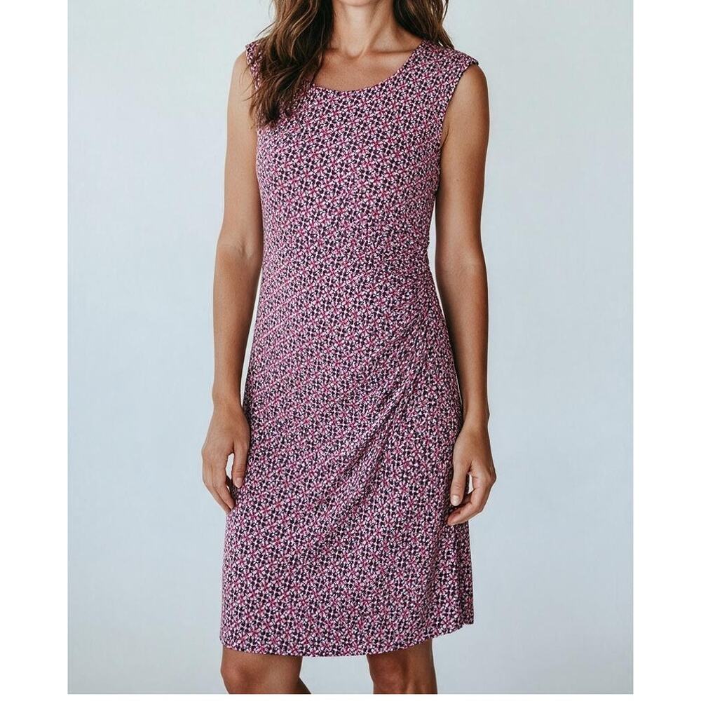 Ann Taylor Floral Ruched Side Sleeveless Stretch Midi Dress Lined L Pink Black